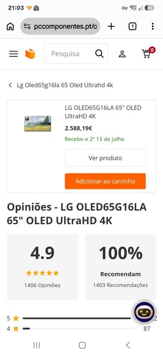 Tv LG Oled65G16LA Painel Oled Evo