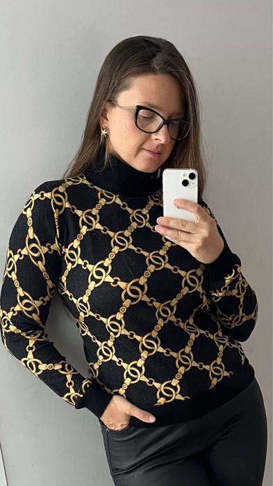 Sweter Twinset M czarny ze złotym wzorem łańcuchów premium golf
