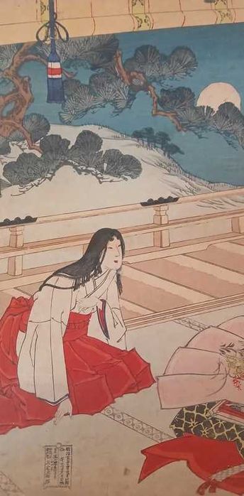 Xilogravure japonsea da era Meiji, 1889, representando uma gueixa ao luar.