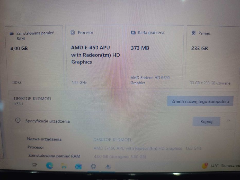 Laptop Asus X53U AMD E-450/4GB/250 GB HDD/ Radeon HD 6320/