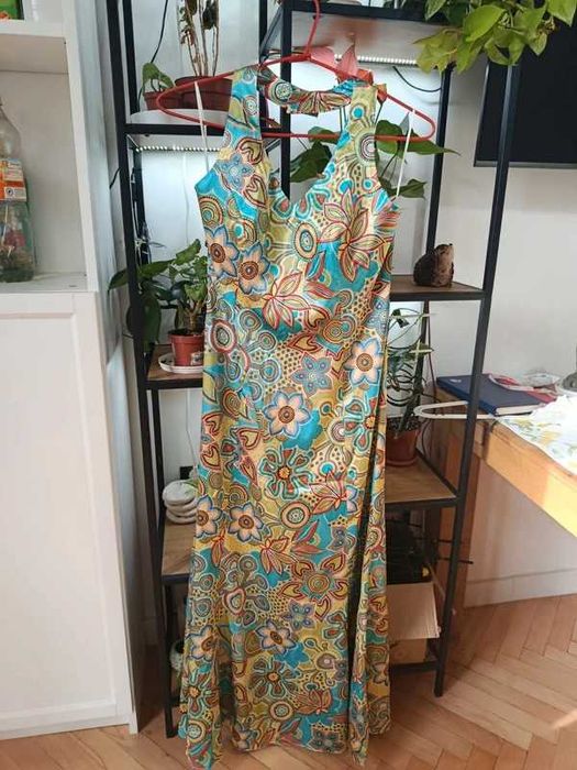 Sukienka Abendkleid Kolorowa Azjatycka Boho 40 M Wzory Etniczne Kwiatowa Maxi