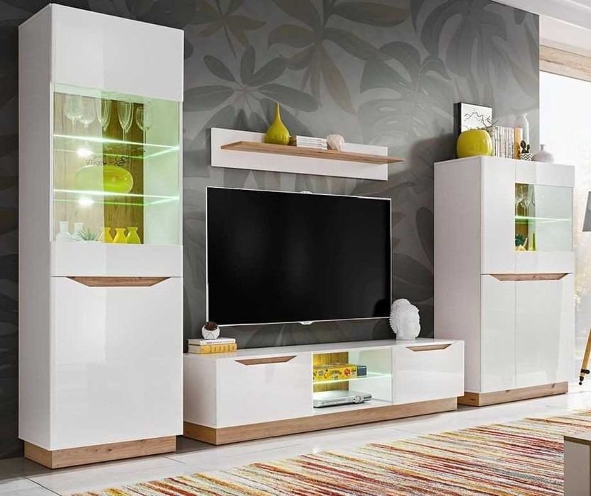 Meblościanka FAME biały połysk/dąb artisan