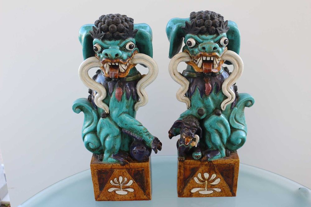 Raros Cães Foo em Cerâmica Vidrada Chinesa Marcados 45 cm