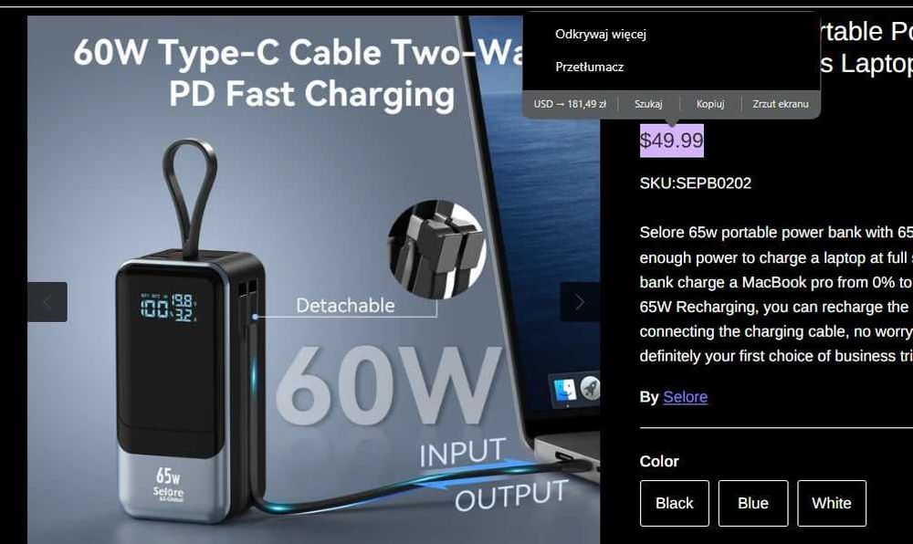 Selore 65W Portable Power Bank Quickly Charges Laptops 20000 mah