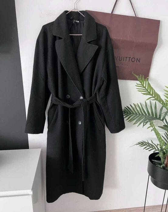 H&M czarny dlugi oversizowy plaszcz damski