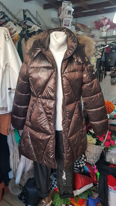 Czekoladowy płaszczyk  płaszcz  kurtka L z jenotem z futrem