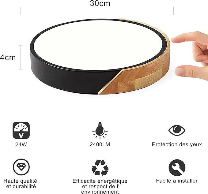 NICEME Lampa sufitowa LED 24W – regulacja 3000K/4500K/6500K, czarna