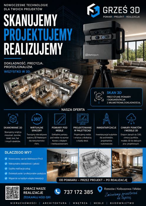 Profesjonalne skanowanie 3D | Wirtualne Spacery | Pomiary pod meble, inwentaryzacje