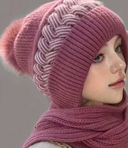 Nowy cieplutki komplet zimowy fuksja czapka + szalik