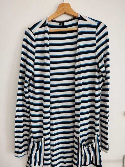 Cardigan Longo Vero Moda – Riscas Preto, Branco e Azul (Tam. S)