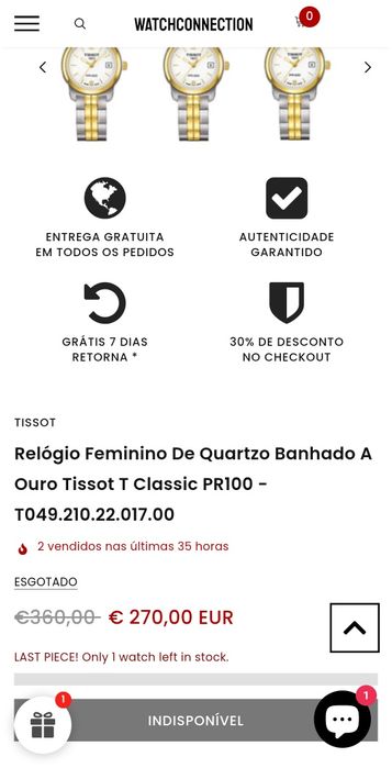 Tissot T Classic PR100 para Mulher banhado a ouro