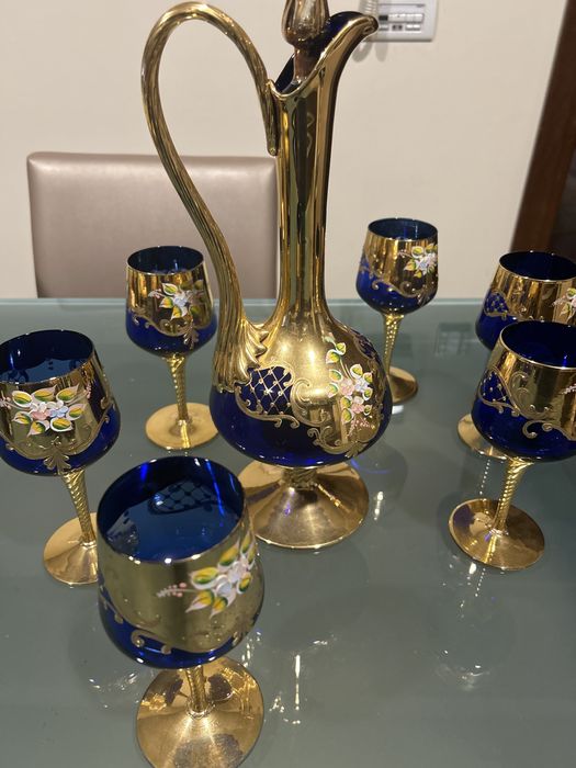 6 copos e garrafa licoreiro cristal Murano com ouro