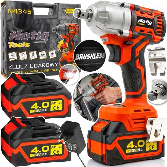 Klucz udarowy Akumulatorowy 20 V, 2x4,0 Ah BEZSZCZOTKOWY 800Nm