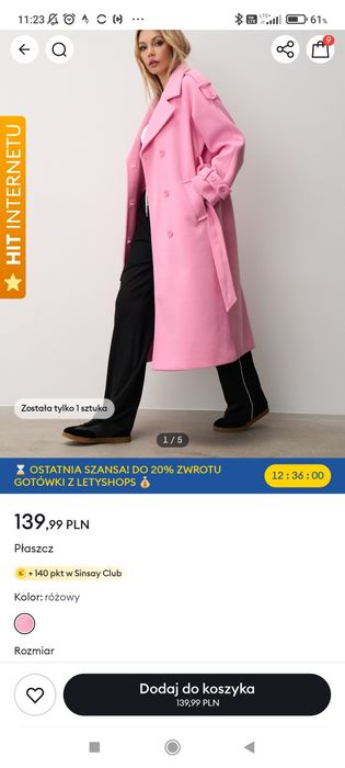 Różowy płaszcz trencz nowy Sinsay wiosna Wielkanoc