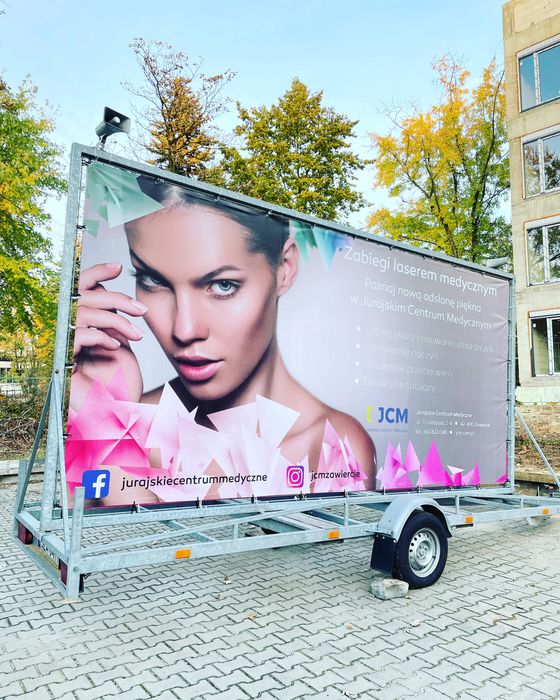 Przyczepa reklamowa wynajem wybory banery drukarnia Zawiercie Borowe