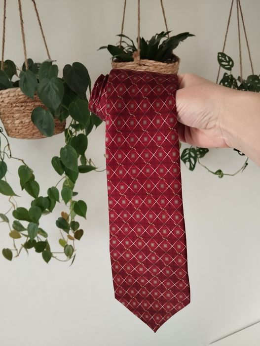 Krawat jedwabny 100% silk bordowy, burgundowy, we wzorki, romby 9,5 cm
