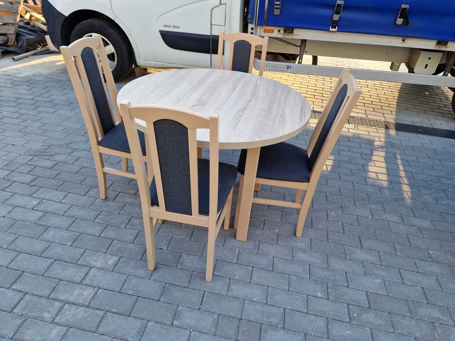 Stół okrągły rozkładany + 4 krzesła , sonoma + grafit , NOWE - OD RĘKI