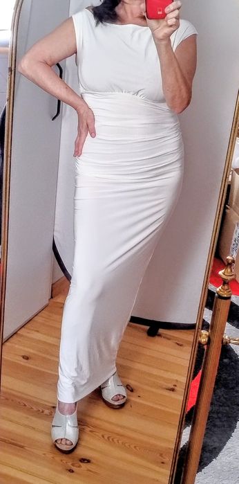 Długa biała sukienka bodycon, dwuwarstwowa modelująca