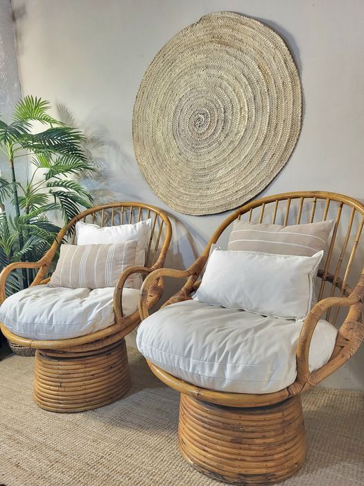 2 cadeiras, poltrona, rotativas, bambu, rattan, vintage, rustico