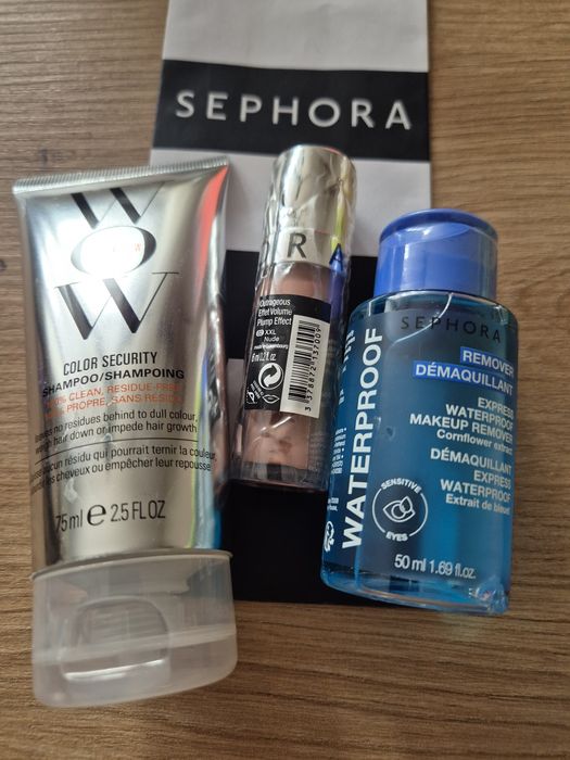 Zestaw na wyjazdy! Nowe! COLOR WOW szampon 75 ml SEPHORA błyszczyk NUDE 6 ml płyn demakijaż 50 ml