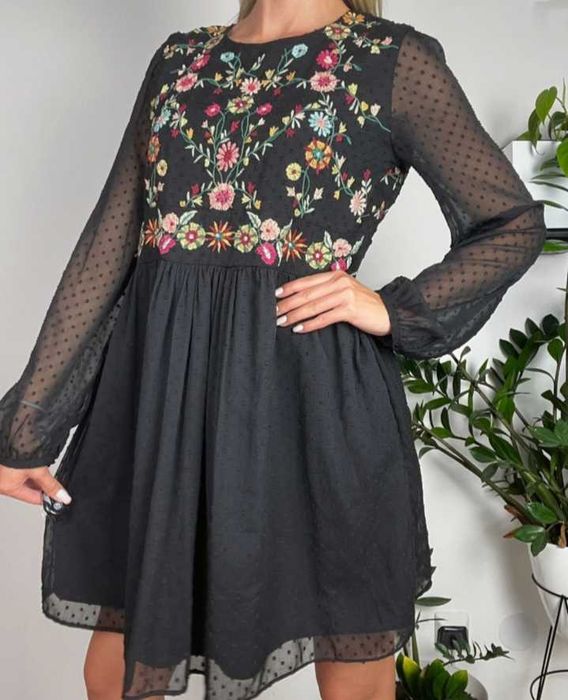 Zara haftowana tunika sukienka boho folk plumeti w kwiaty  M/L