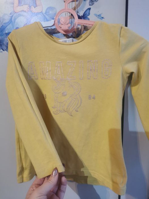 Musztardowa bluzka z jednorożcem h&m 98/104