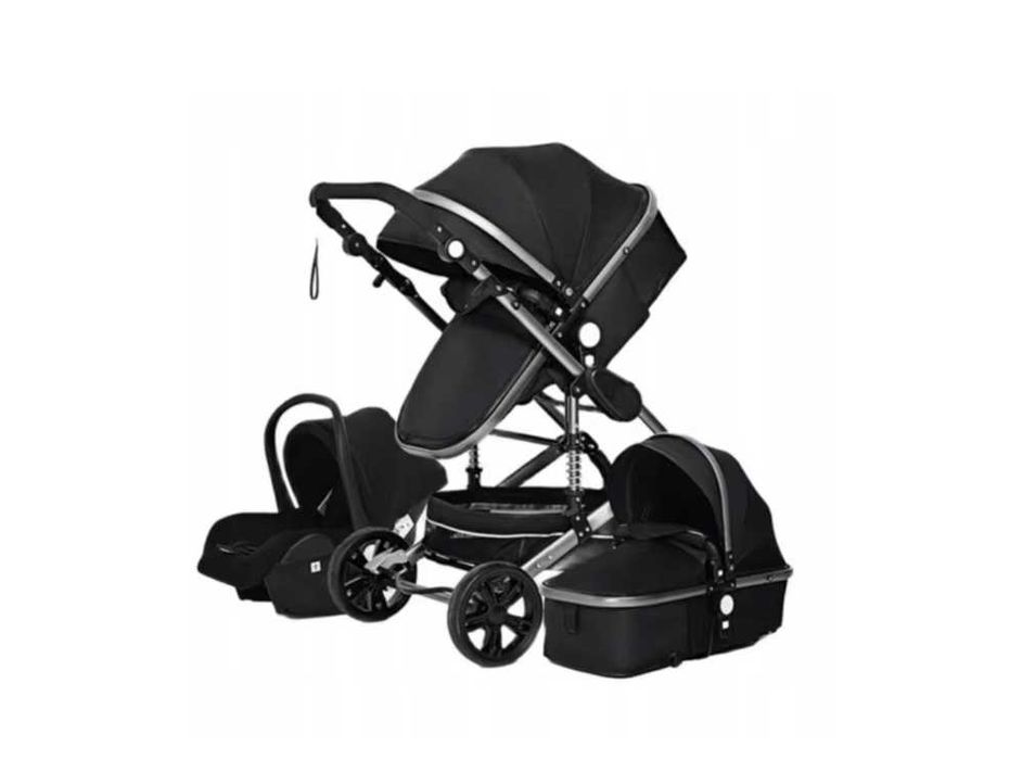 Wózek 3w1 gondola spacerówka fotelik - czarny ze srebrnym stelażem.