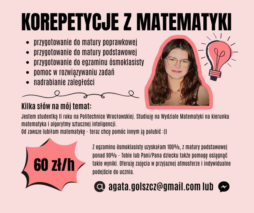 Korepetycje z matematyki !WOLNE MIEJSCA!  - matura poprawkowa, podstawowa, egzamin ośmioklasisty, nadrabianie zaległości oraz bieżąca pomoc