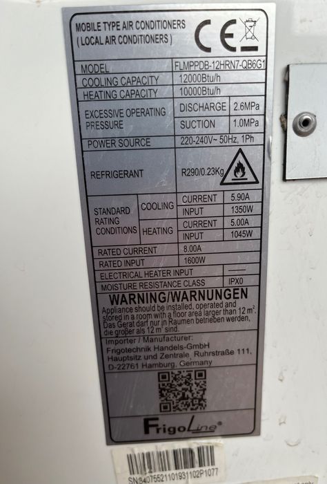 Klimatyzator przenośny FrigoLine używany z rurą wyprowadzającą