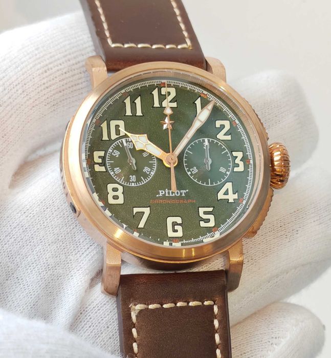 Чоловічий годинник Pilot Bronza Chronograph Mechanical Blue 42mm 100m