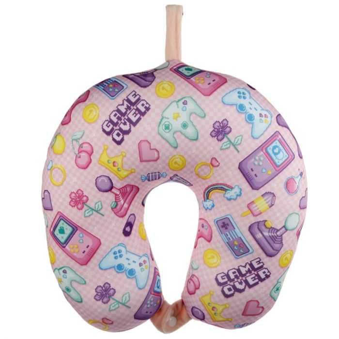 ALMOFADA DE VIAGEM & MÁSCARA DE DORMIR EM PELÚCIA GAME OVER ROSA