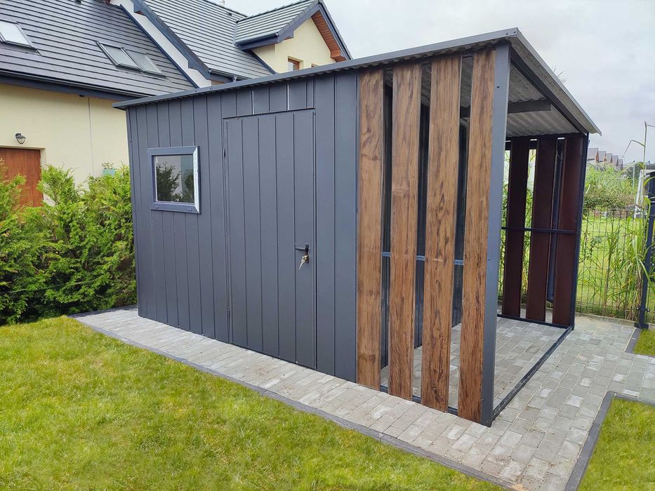 Domek ogrodowy 3×2,5m + wiatka 1×2,5 m – grafit/orzech
