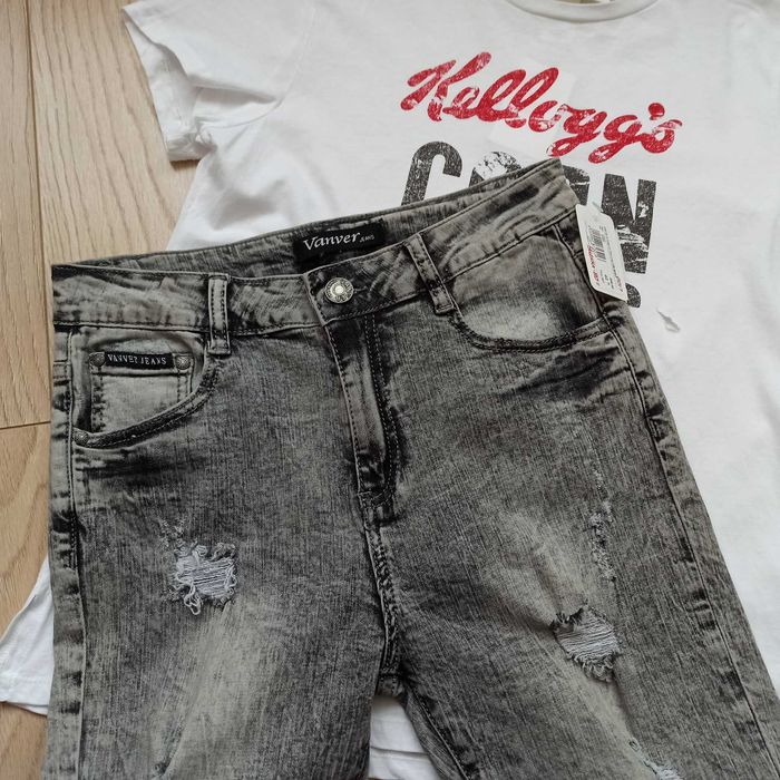 Прямі сірі джинси з дірками, р.30, M-L