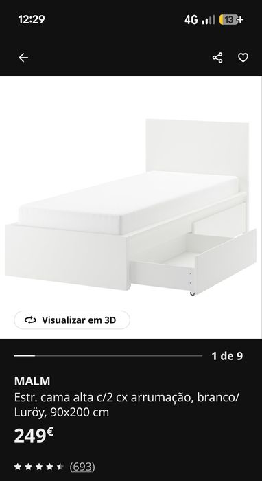 Cama IKEA MALM 90x200 com Estrado e 2 Gavetas de Arrumação