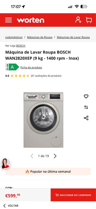 Máquina de Lavar Roupa BOSCH WAN2820XEP (9 kg - 1400 rpm