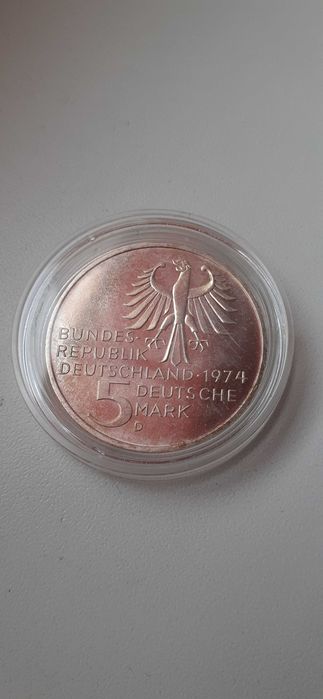 Moneta 5 marek z 1974 D srebro mennicza.