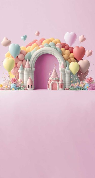 tło urodzinowe różowe zamek roczek dziecko księżniczka  studio foto