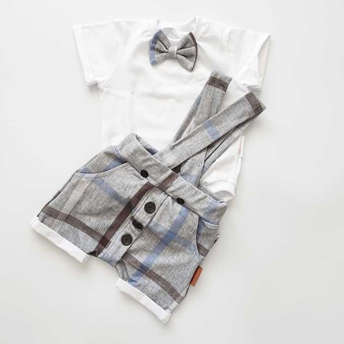 Elegancki szary KOMPLET szorty body, letni garnitur niebieska krata 74