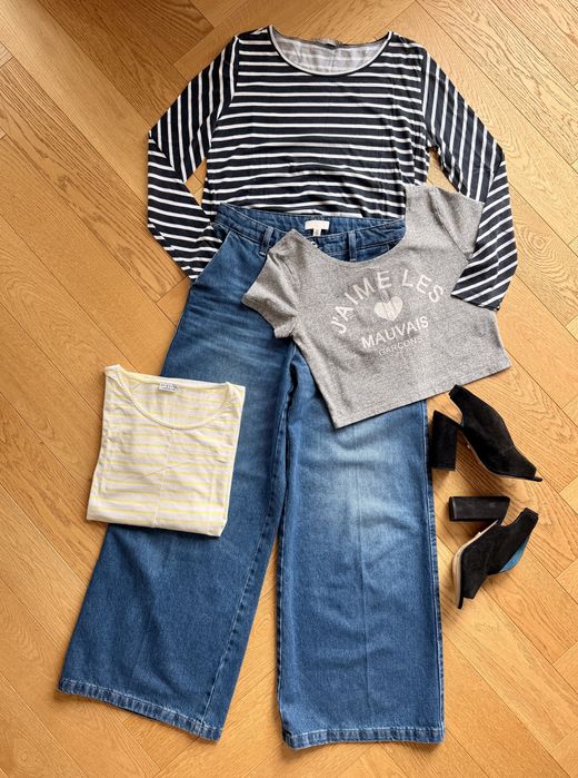 Dzwony jeansy z szeroką nogawką H&M 2 bluzki i top L