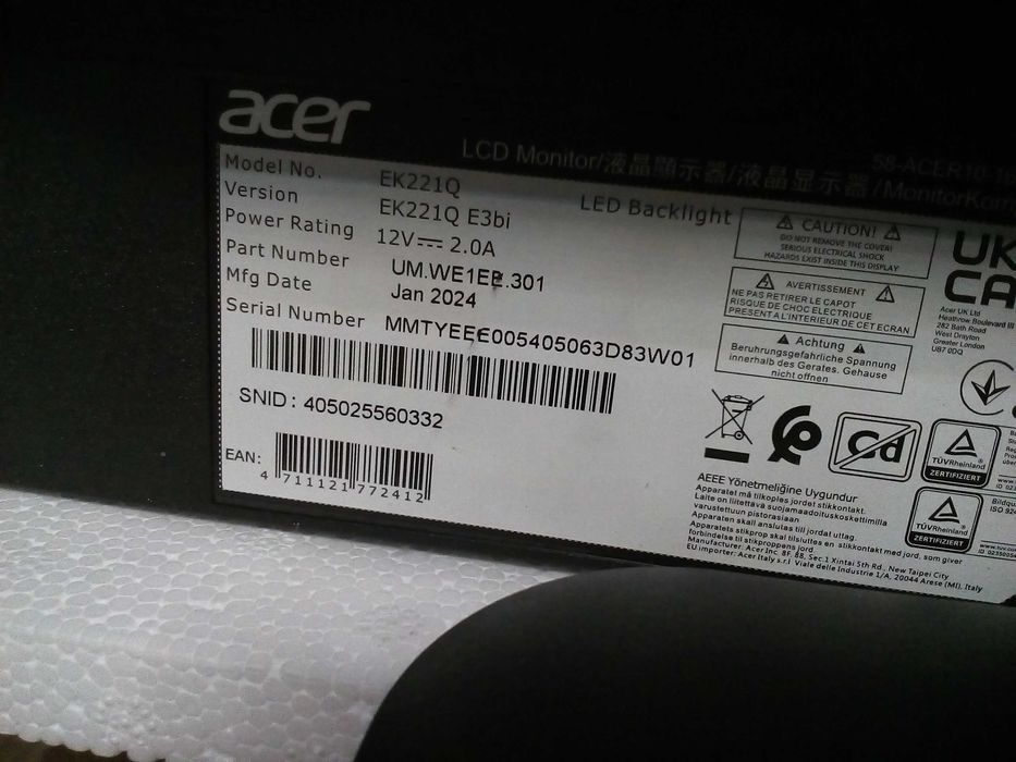 монитор Acer EK221Q E3bi (UM.WE1EE.301) разбитый экран. донор