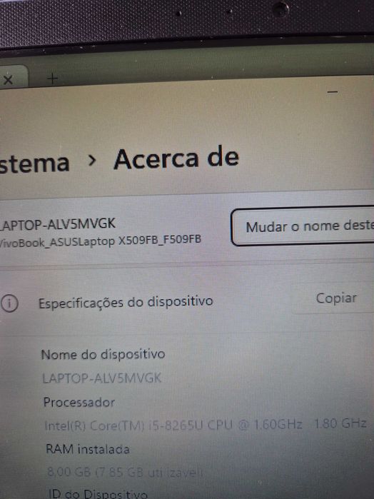 Asus F509FB processador i5-8265, sem anomalia