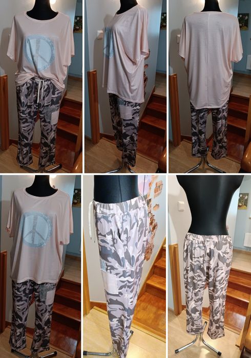 Piżama Dres Damski z Kieszeniami Dwuczęściowy Moro Morelowy r. XL Nowy