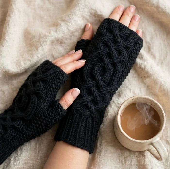 Mitenki handmade czarne merino Drops warkocz unisex