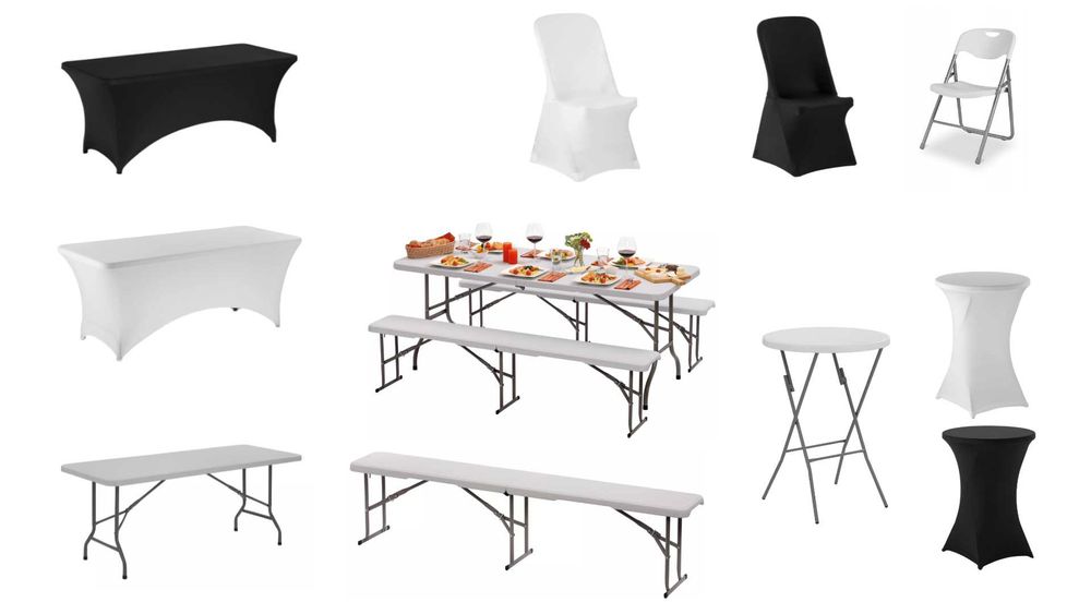 Wynajem Stoły, Krzesła, Ławki Cateringowe Pokrowiec Biały Czarny BEZ