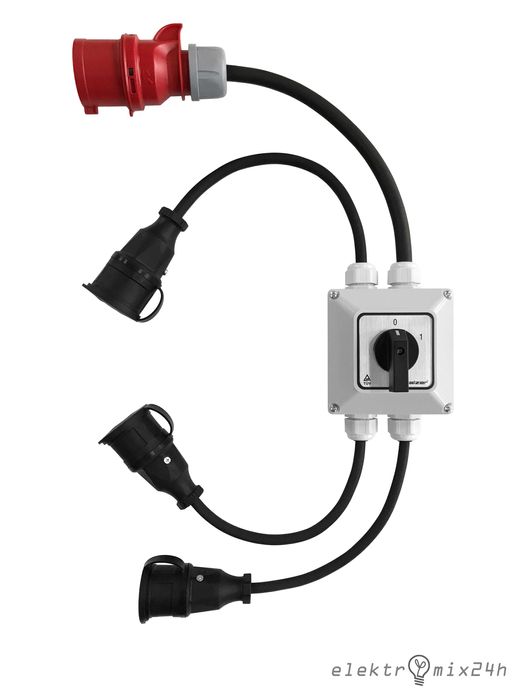Przejściówka z wyłącznikiem 0-1 wtyczka 32A 5P 400V gniazda 3x16A 230V