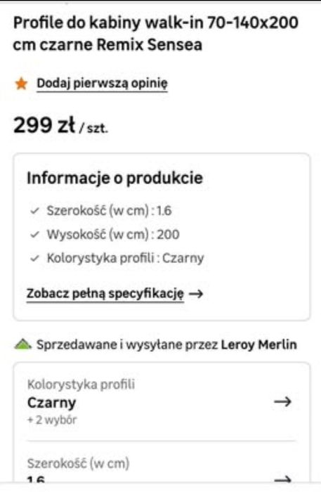 Profile do kabiny walk-in 70-140x200
cm czarne Remix Sensea