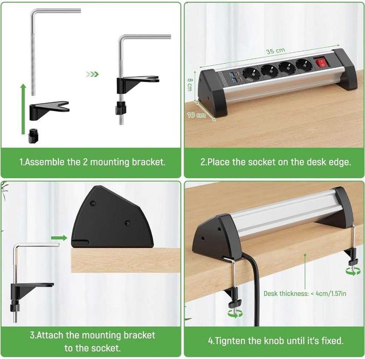 Listwa biurkowa 4 gniazda USB-C PD20W 1.8m kabel 16A/3680W z klipsem