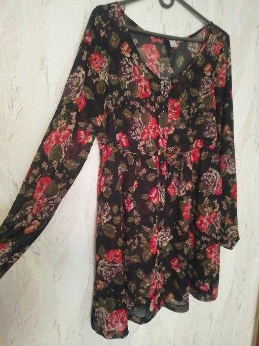 Сукня туніка шифон в квіти на ґудзиках з карманами