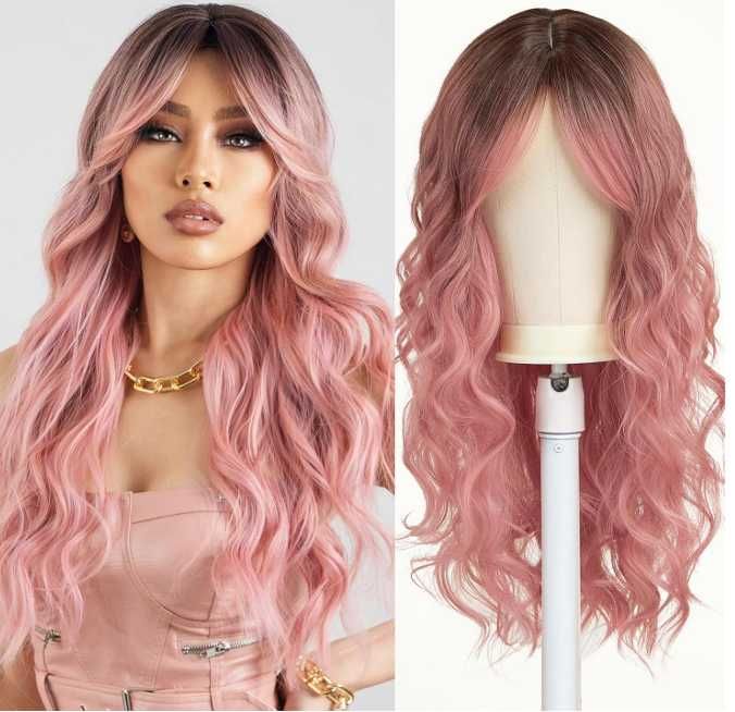 Peruka długa falowana róż ombre naturalna 60 cm syntetyczna