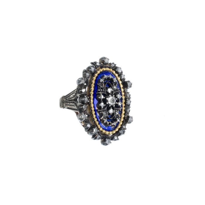 Joias - Anel em prata e ouro com esmalte e diamantes - Século XIX